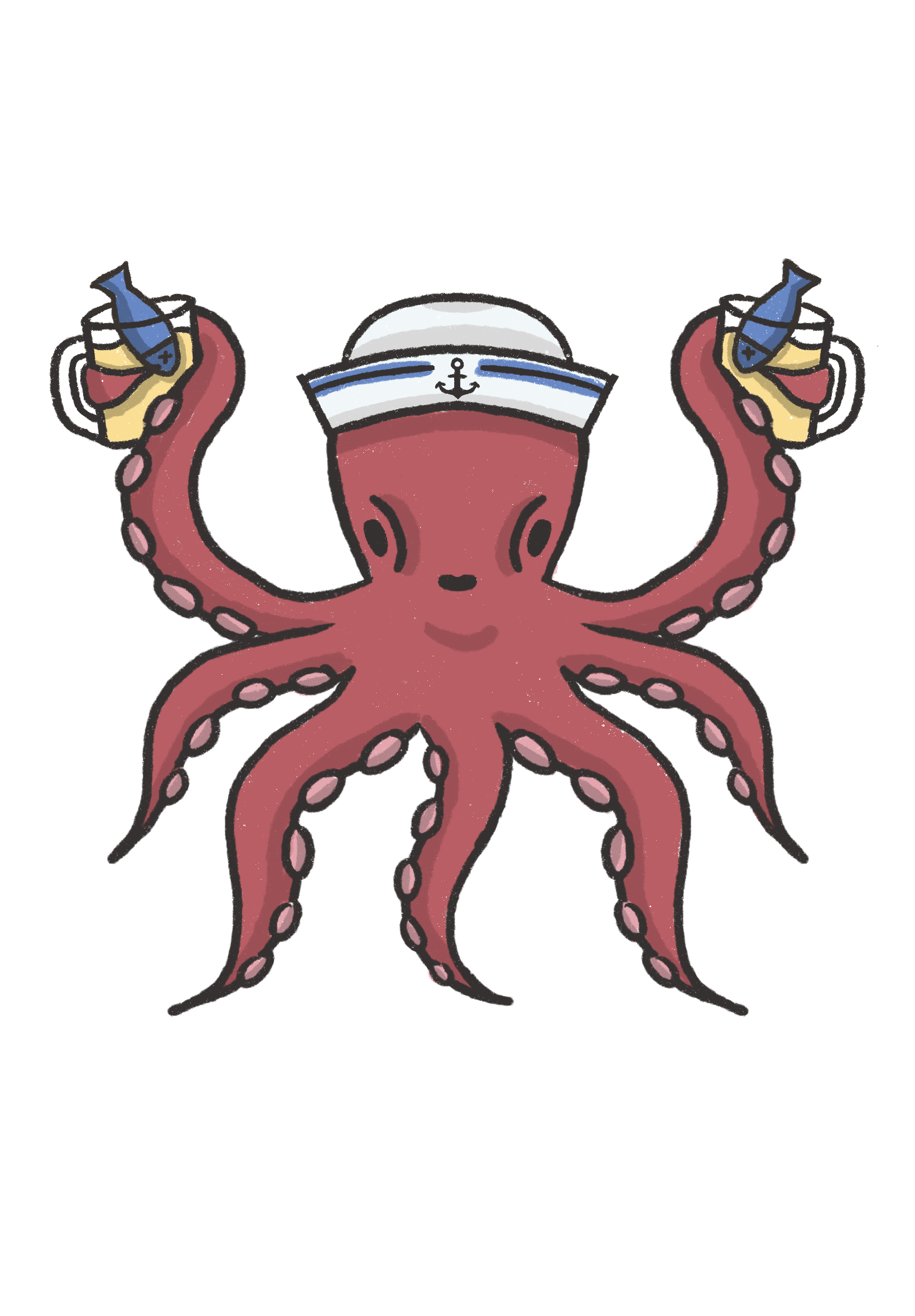 Cartoon octopus wearing a sailor hat and holding two lit bombs.