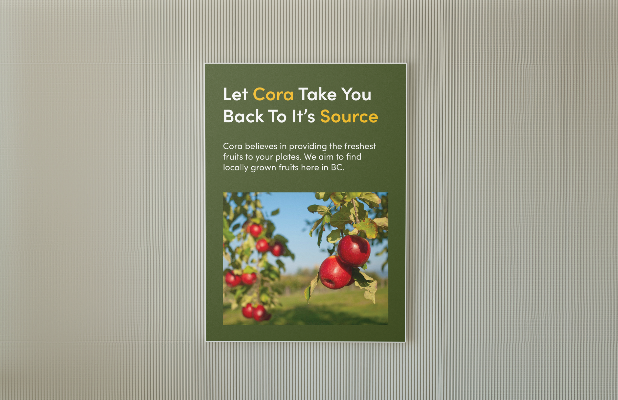 Poster promoting local apples with a photo of red apples on a tree and green background.