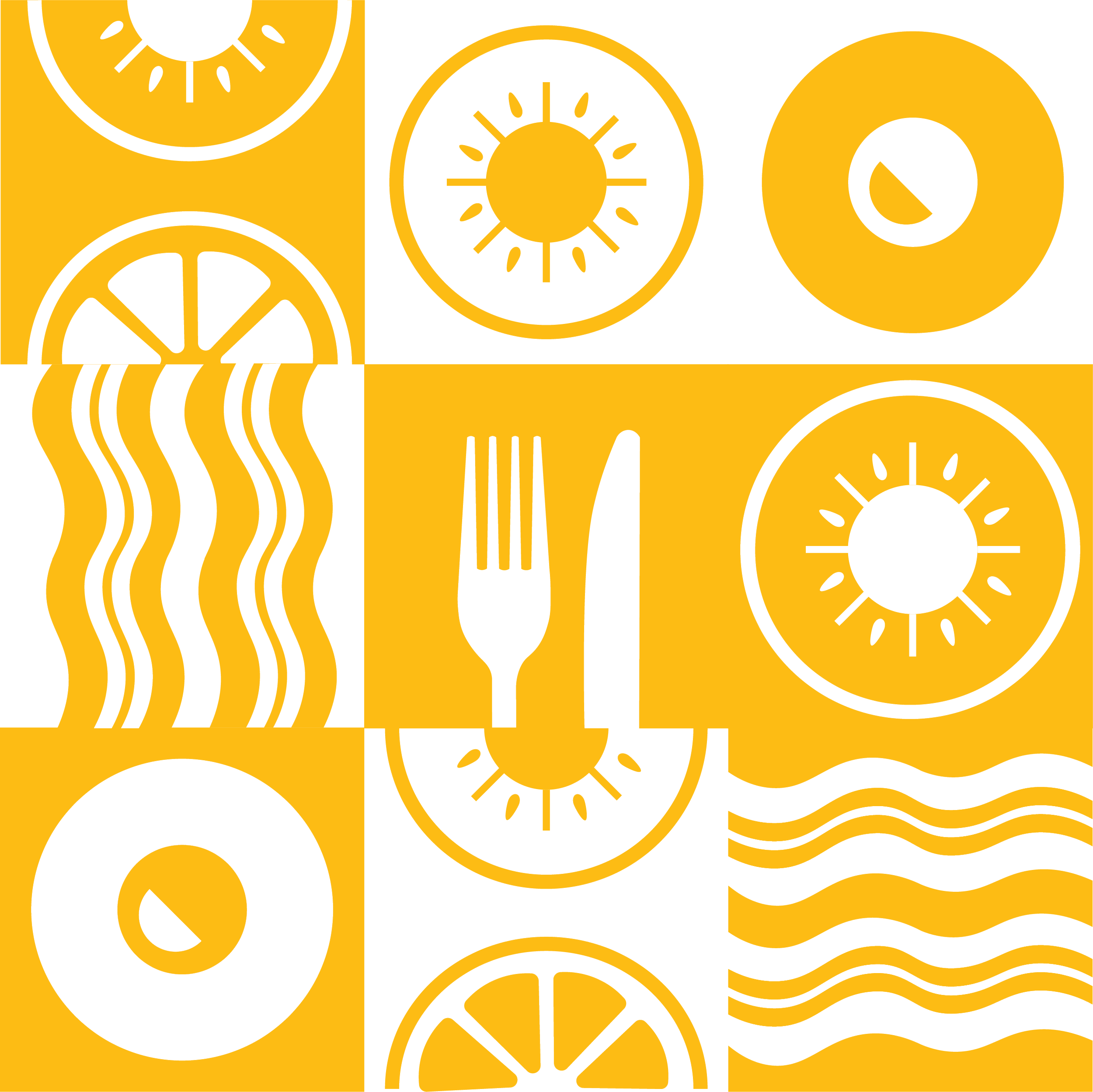 Pattern of black and yellow graphic kitchen and food icons, including a fork, knife, lemons, slices, waves, and clocks.