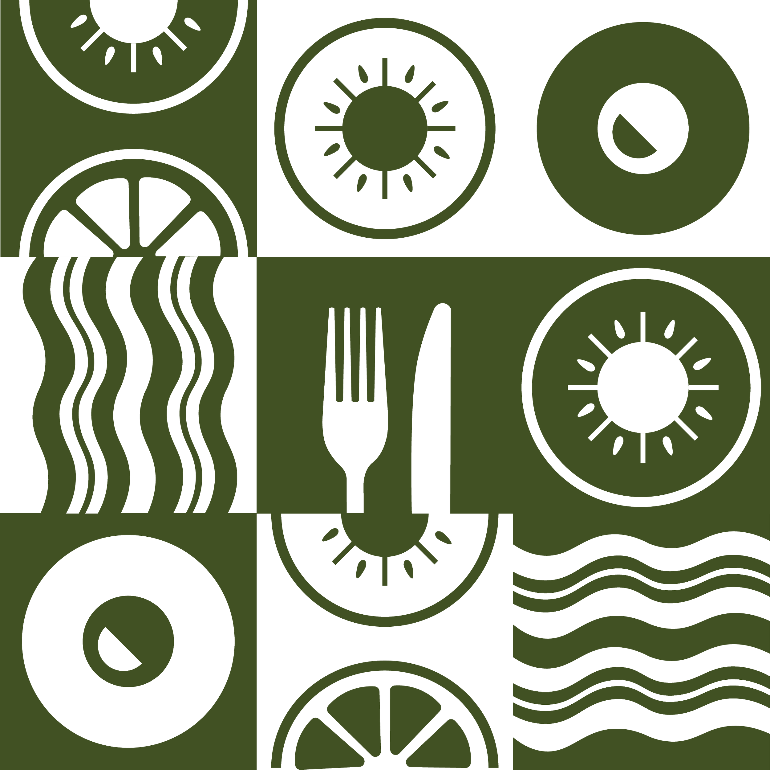 A patterned design featuring circles with citrus slices, wavy lines representing water, and a fork and knife icon in the center.