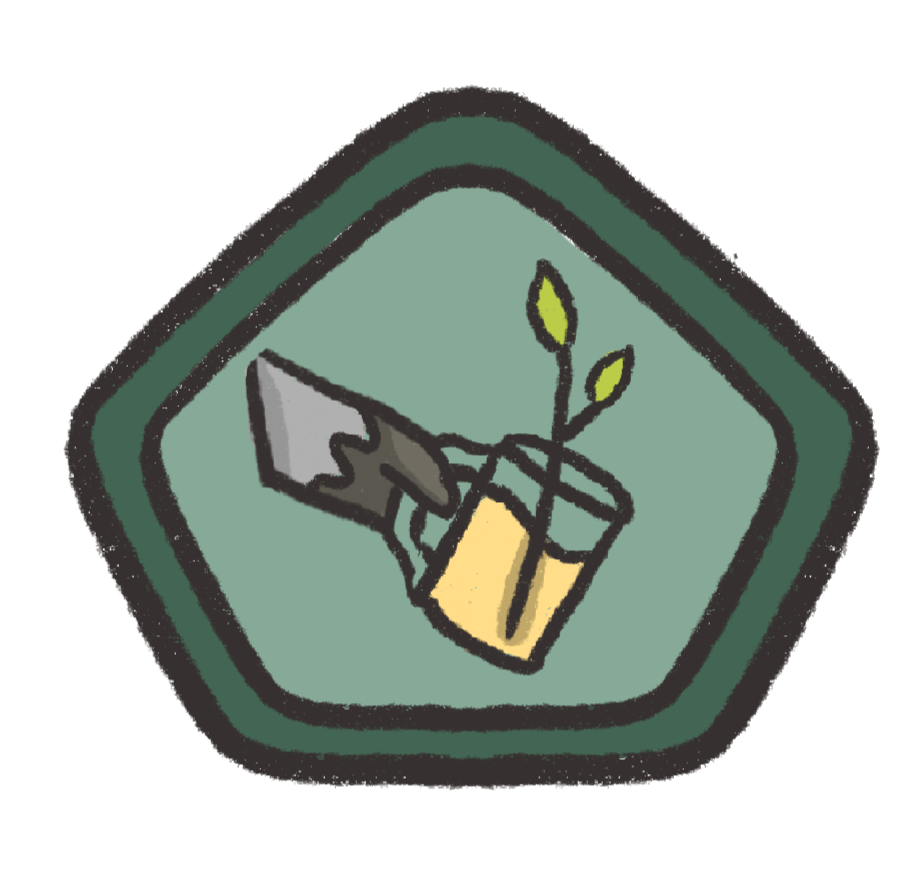 Illustration of a gardening trowel and a small potted plant with two green leaves.