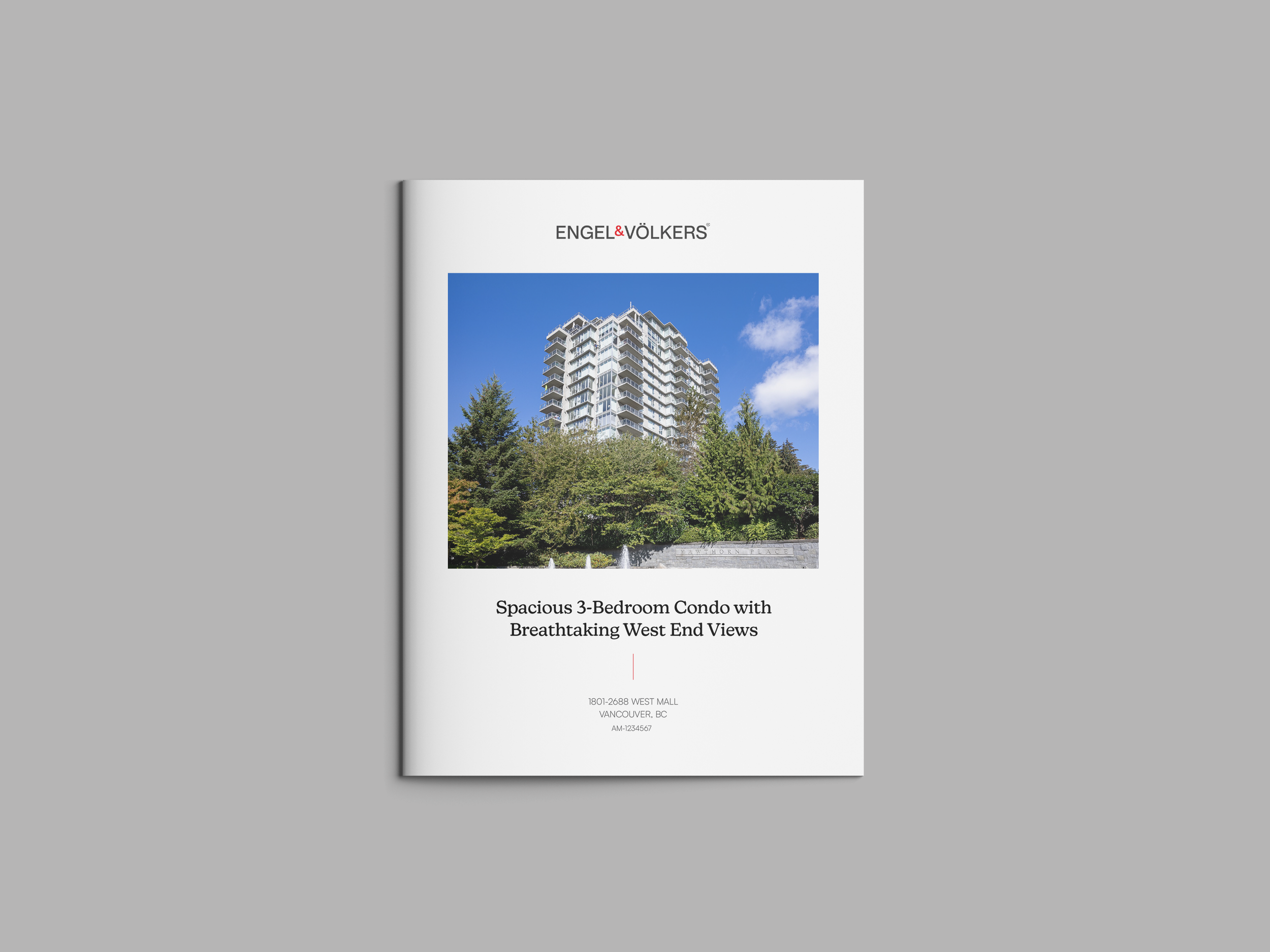 Brochure cover featuring a high-rise condo building surrounded by trees, with blue sky and clouds, titled 'Spacious 3-Bedroom Condo with Breathtaking West End Views' by Engel & Völkers.
