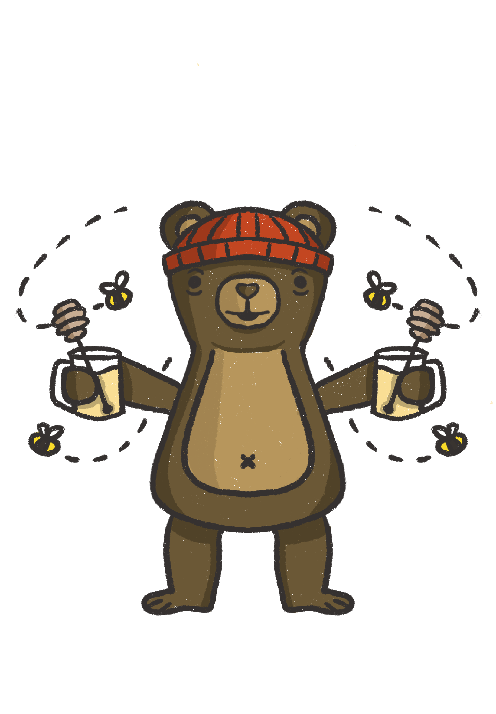 A cartoon bear wearing a red knit hat, holding a smoking matchstick in each paw, surrounded by four glow flies.