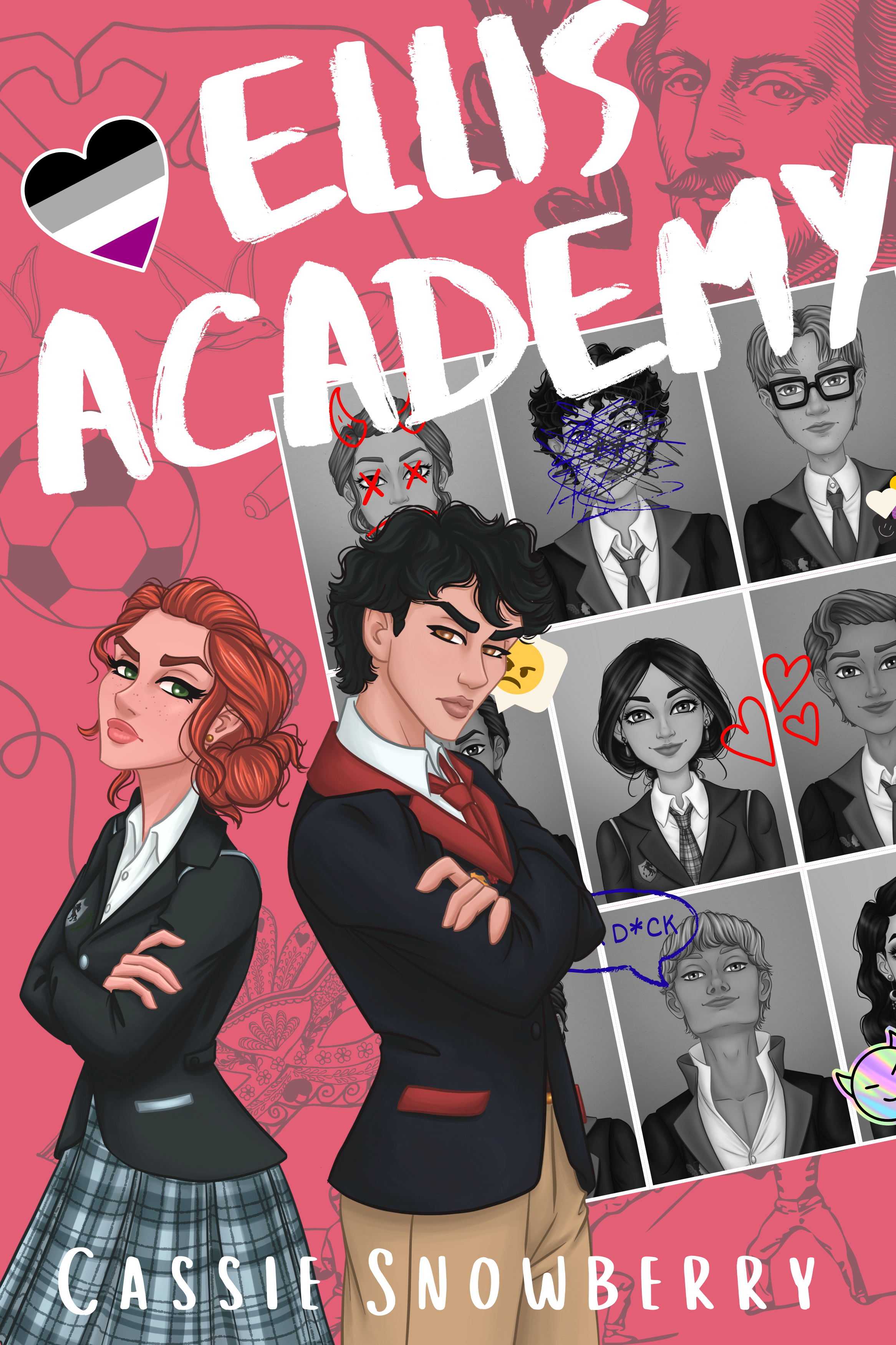 Emma and Benedict stand back-to-back withe thier arms crossed. Behind them are vandalized yearbook photos of the main characters.