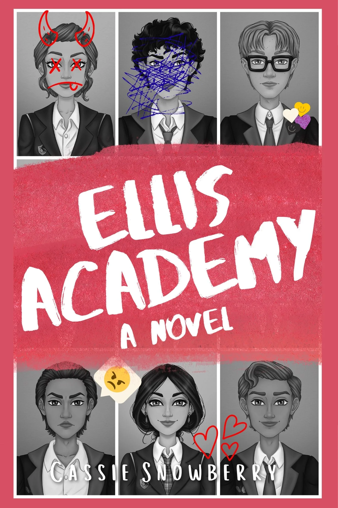 Vandalized yearbook photos of the main characters.