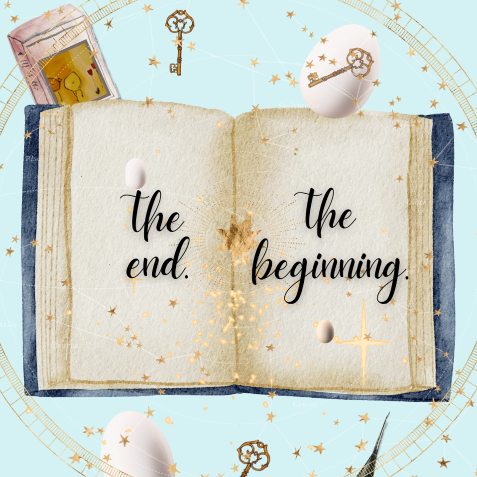 Open book with the words "the end." on the left page and "the beginning." on the right page, surrounded by gold stars, keys, eggs, and magical sparkles.