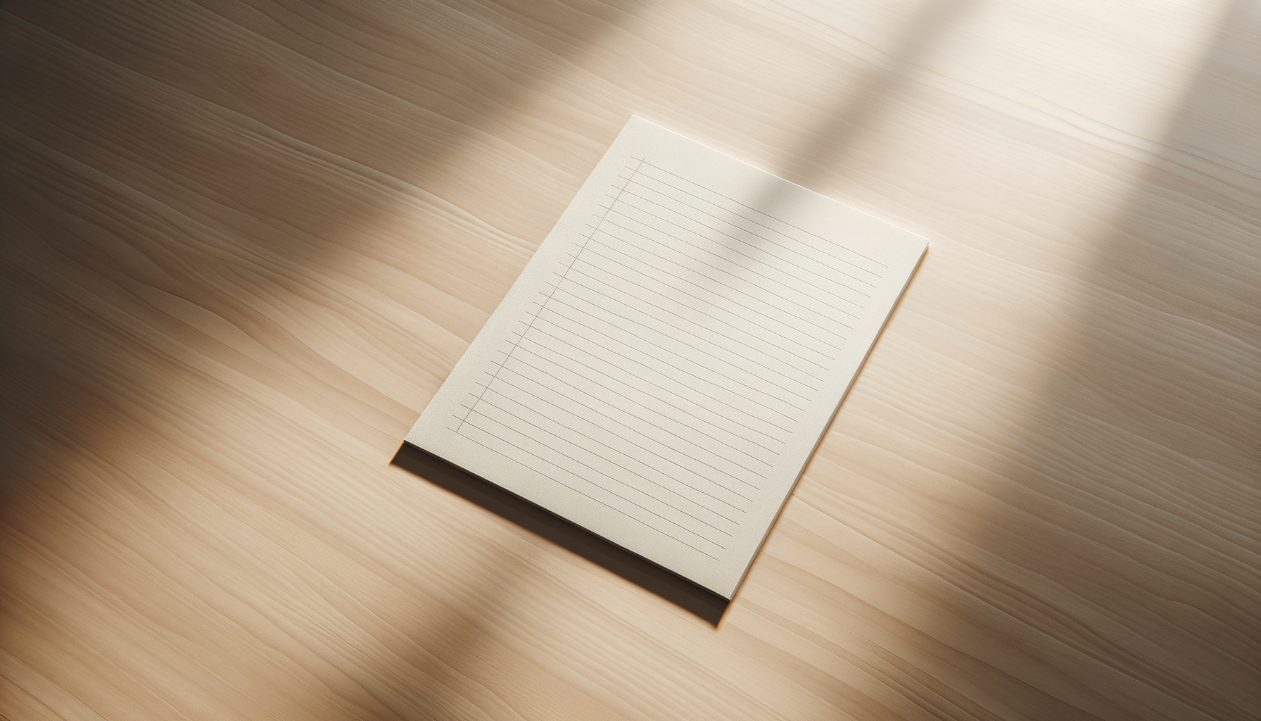 Blank lined notebook on wooden surface with shadow and sunlight