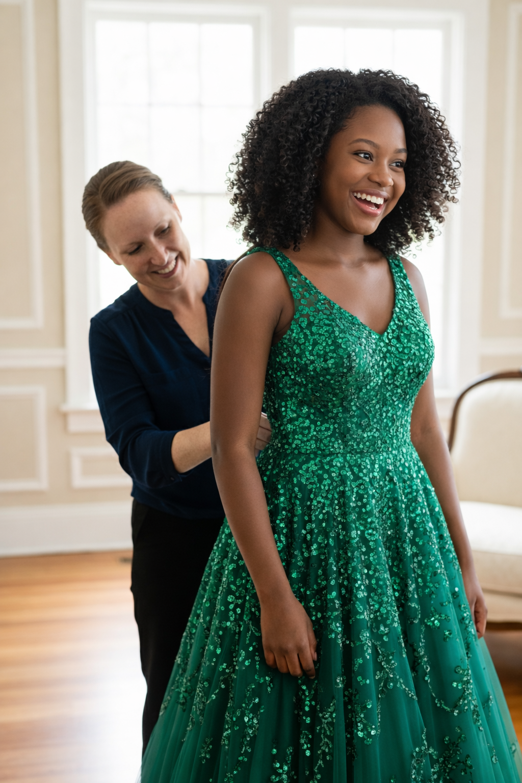 A woman in a green, sequined evening gown is smiling as another woman helps her adjust the dress, in a well-lit room with large windows.