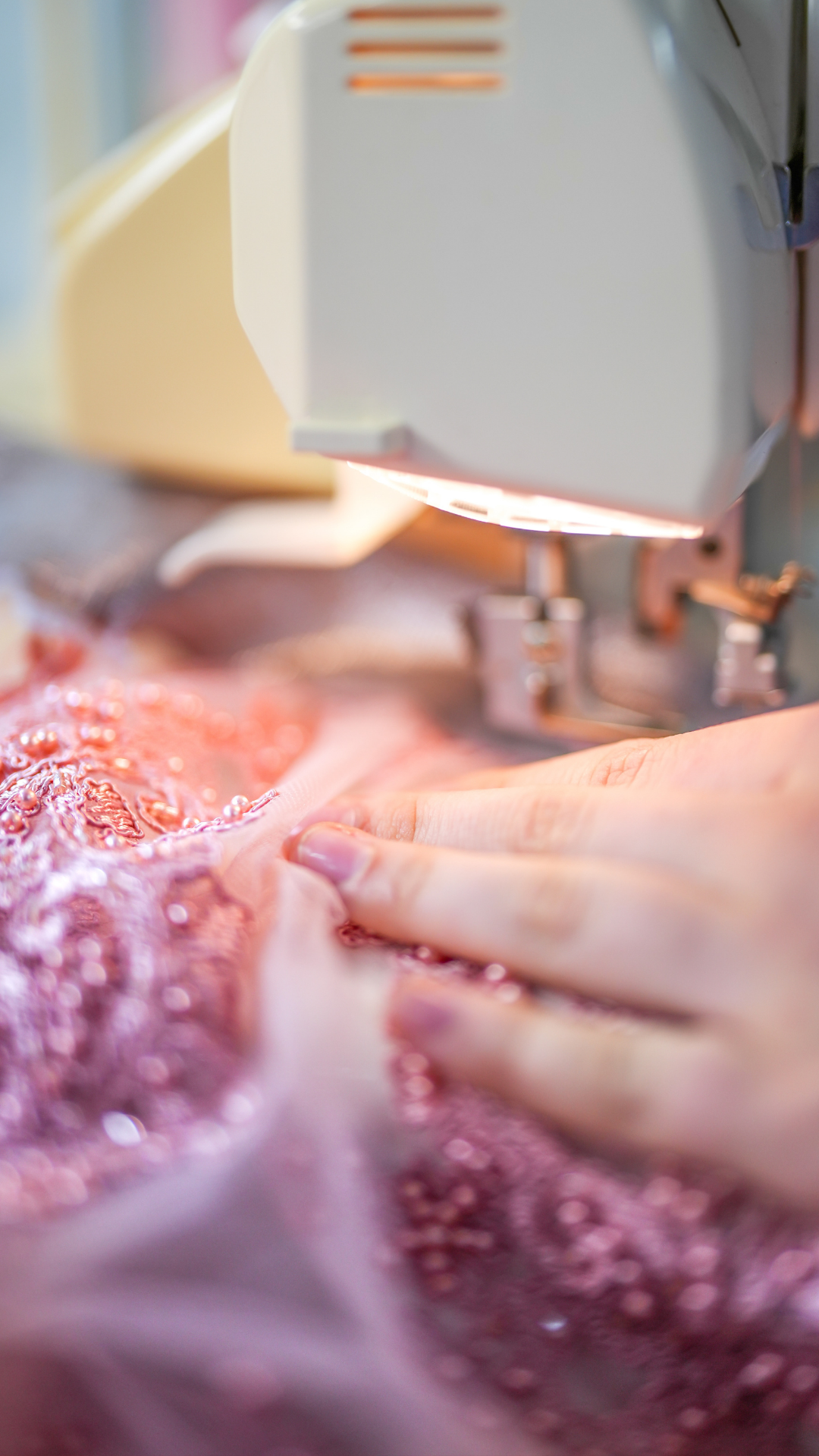 Close-up of a sewing machine stitching pink, sequin-embellished fabric with a person's hand guiding it.