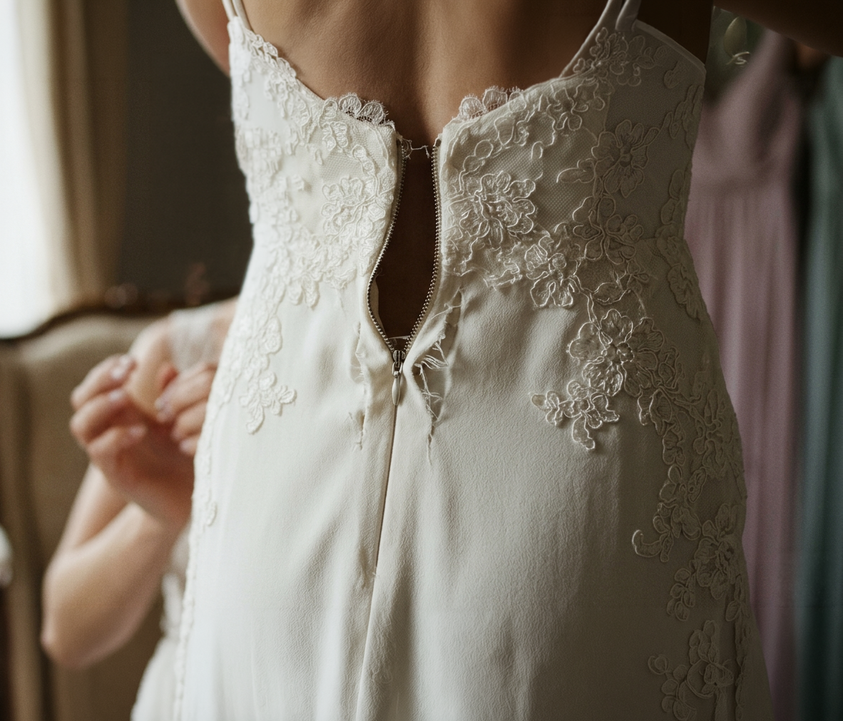 A woman wearing a white wedding dress with intricate lace detailing on the bodice and a vertical zipper at the front.