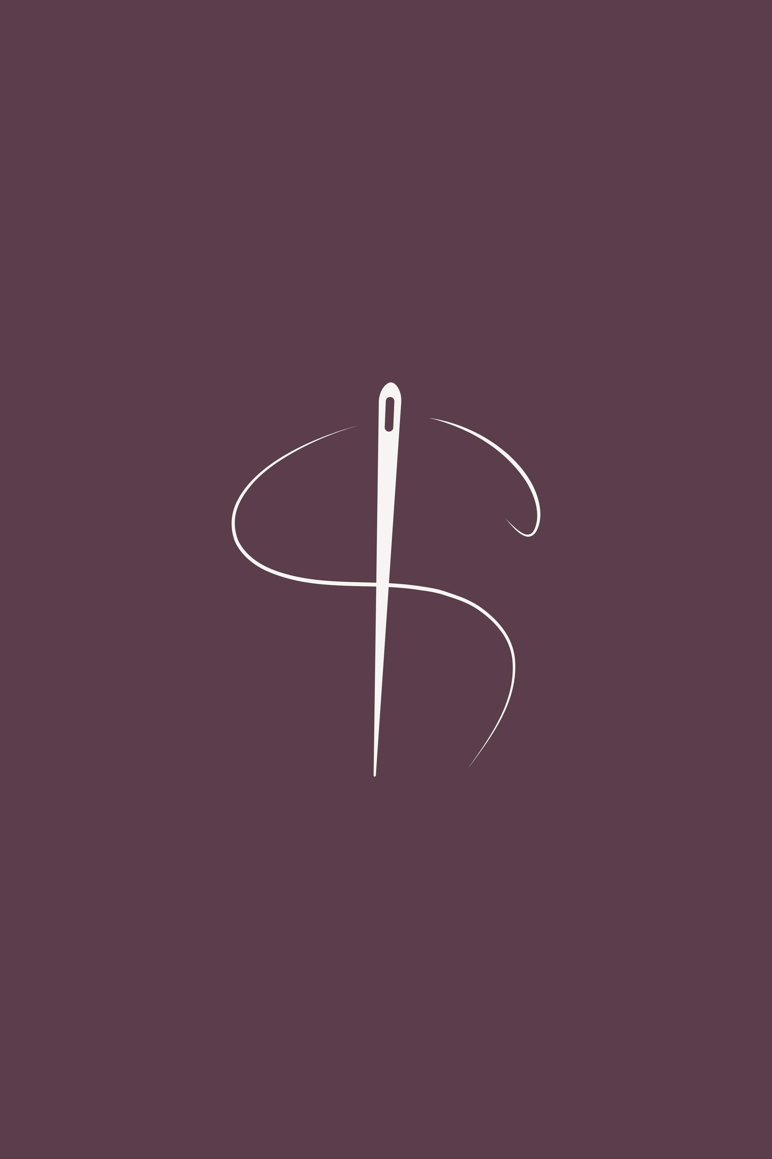 A white needle piercing a purple pom-pom and swirling white thread on a solid purple background.