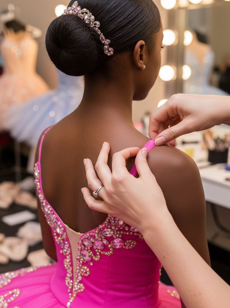 A woman in a pink dress is having her shoulder strap adjusted by a stylist in a dressing room with illuminated mirror lights.