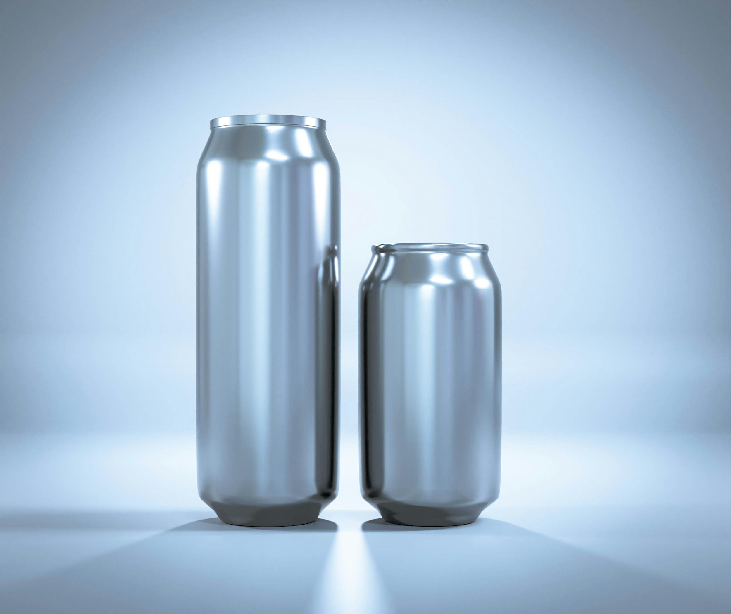 Two silver aluminum cans, one larger and one smaller, standing upright on a smooth surface against a gradient background