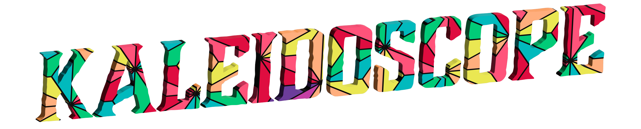 Colorful 3D text spelling 'KALEIDOSCOPE' with a geometric, multicolored pattern.