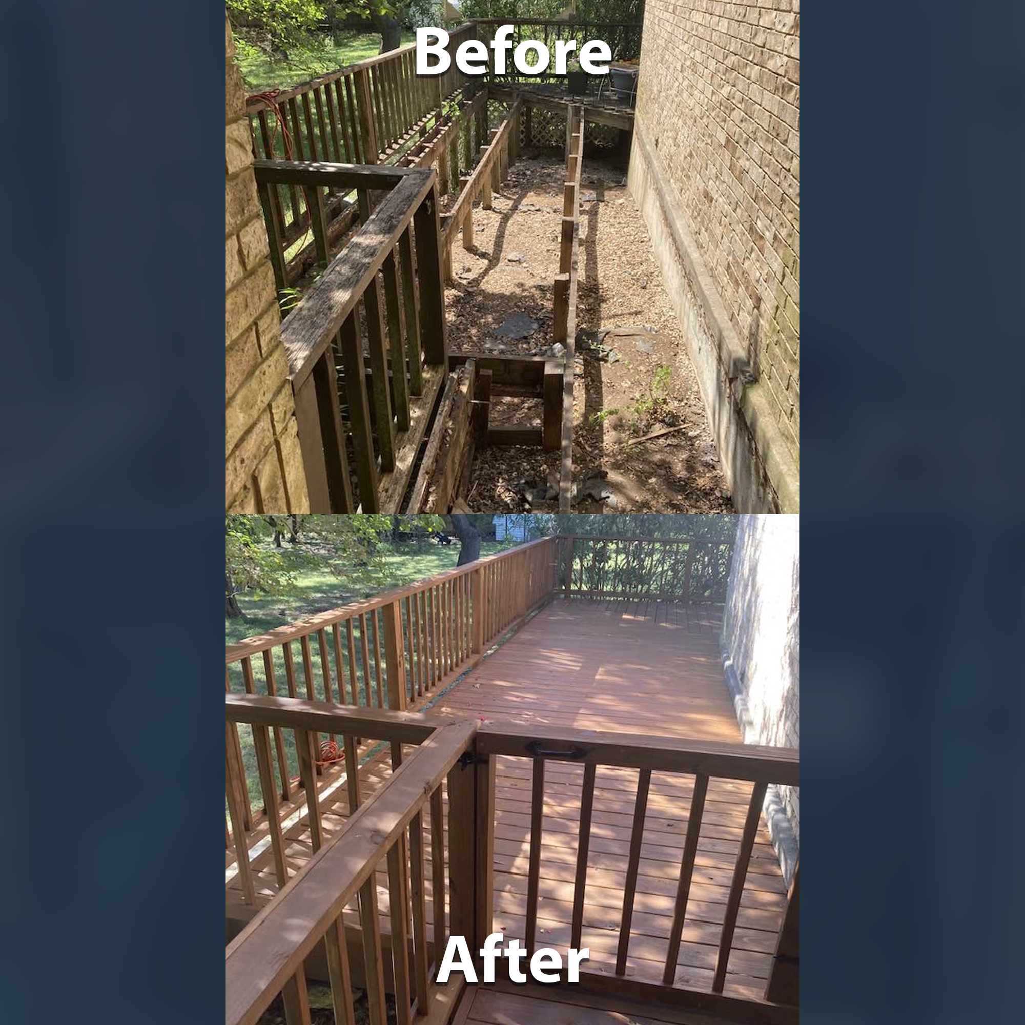 Comparison of a backyard deck before and after restoration. The "Before" image shows a weathered, damaged wooden deck with missing and broken railings. The "After" image shows a newly replaced, clean, and polished wooden deck with freshly painted railings.