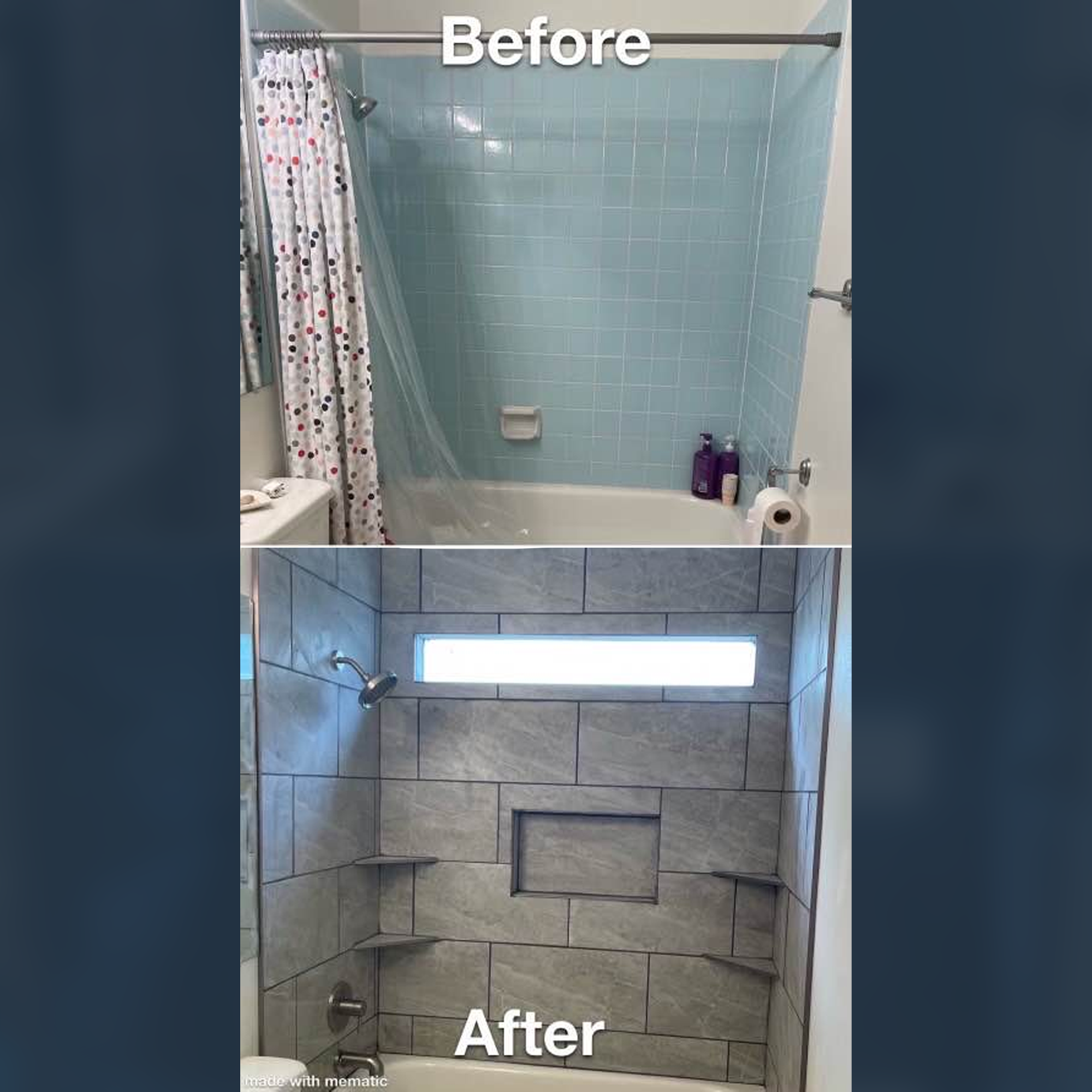 Comparison of a bathroom shower area before and after renovation. In the 'Before' image, the shower has light blue tiles, a plastic shower curtain, bath products, and a white soap dish. In the 'After' image, the shower features gray tiles, a small horizontal window, built-in corner shelves, and a clean, modern look.