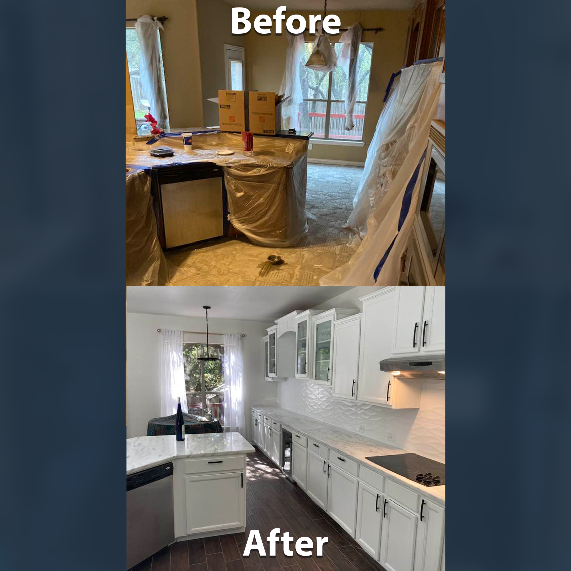 Comparison of a kitchen before and after renovation: the before image shows an old kitchen with clutter, paper-covered countertops, and disorganized space; the after image shows a modern, clean kitchen with white cabinets, a marble countertop, and dark flooring.