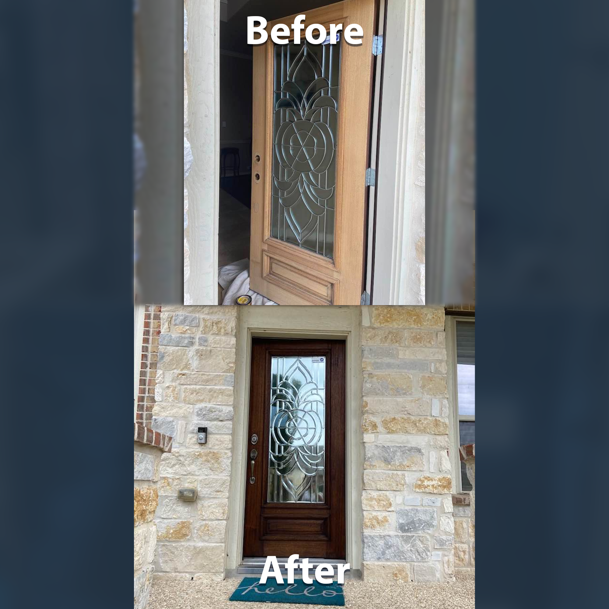 Comparison of a front door before and after renovation; the 'before' door is a light wood with a decorative glass panel and the 'after' door is a dark wood with a similar decorative glass panel, set in a stone wall with a welcome mat in front.