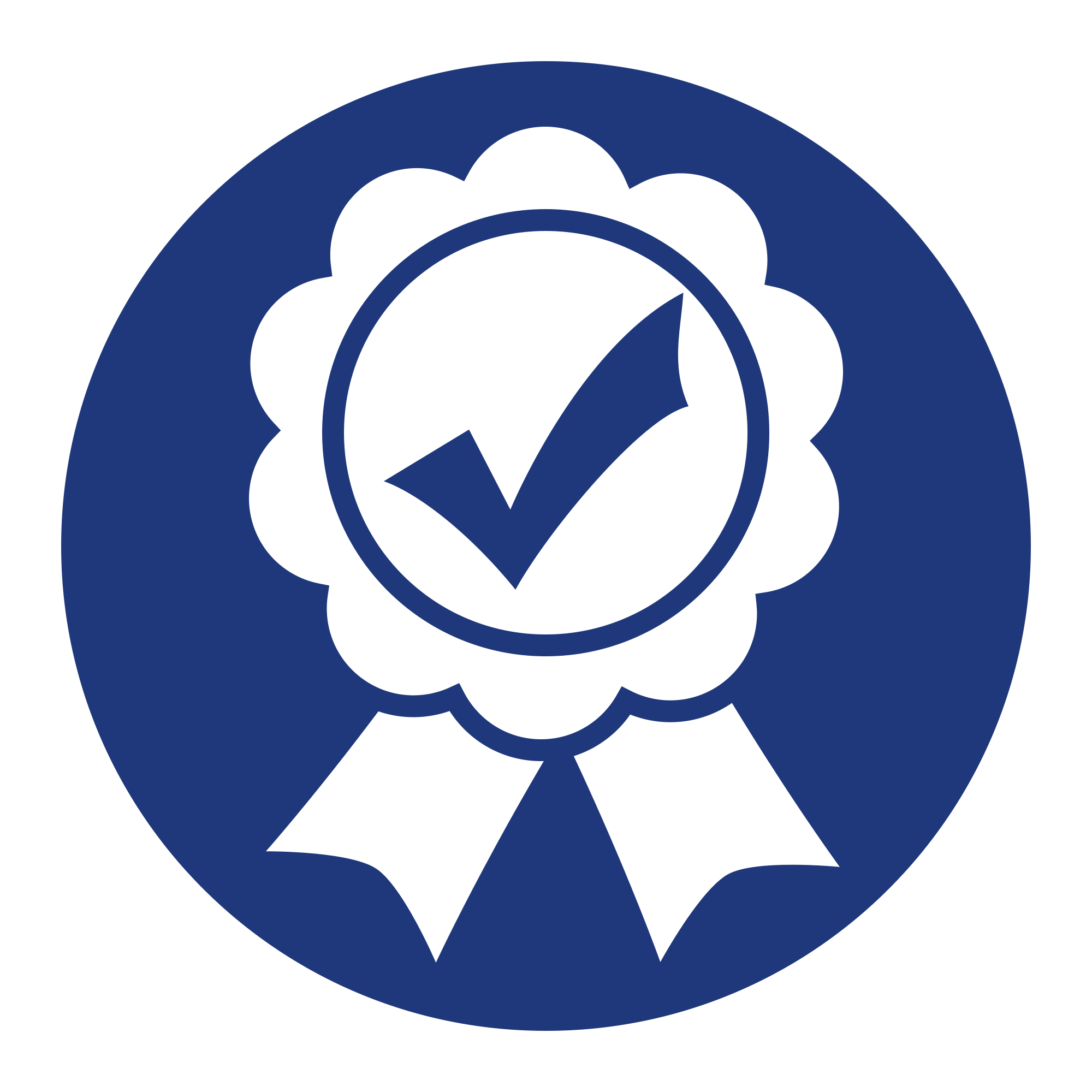 Blue circular badge with a white ribbon and a checkmark inside a circle in the center.