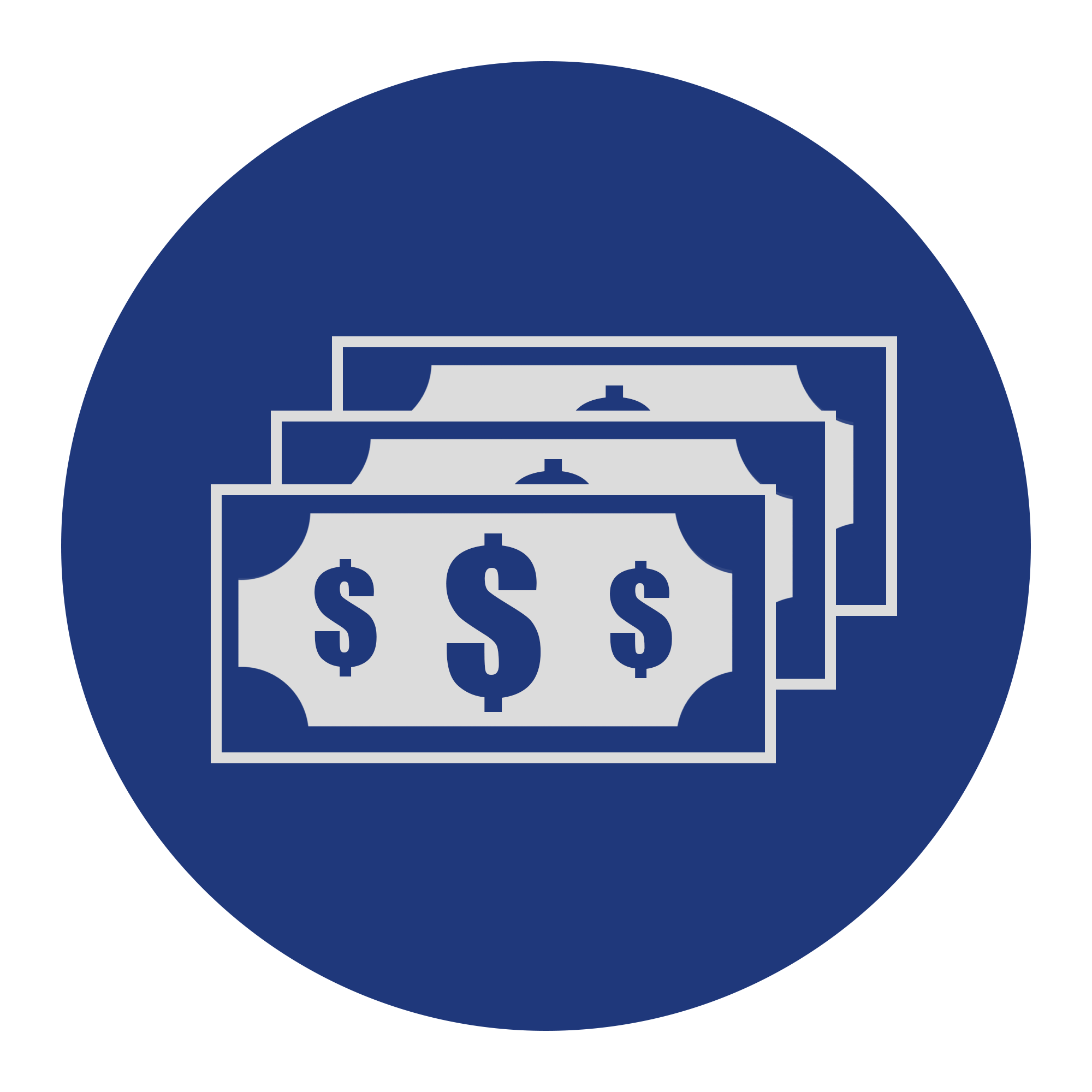 Icon of three dollar bills stacked, white on a dark blue circular background.