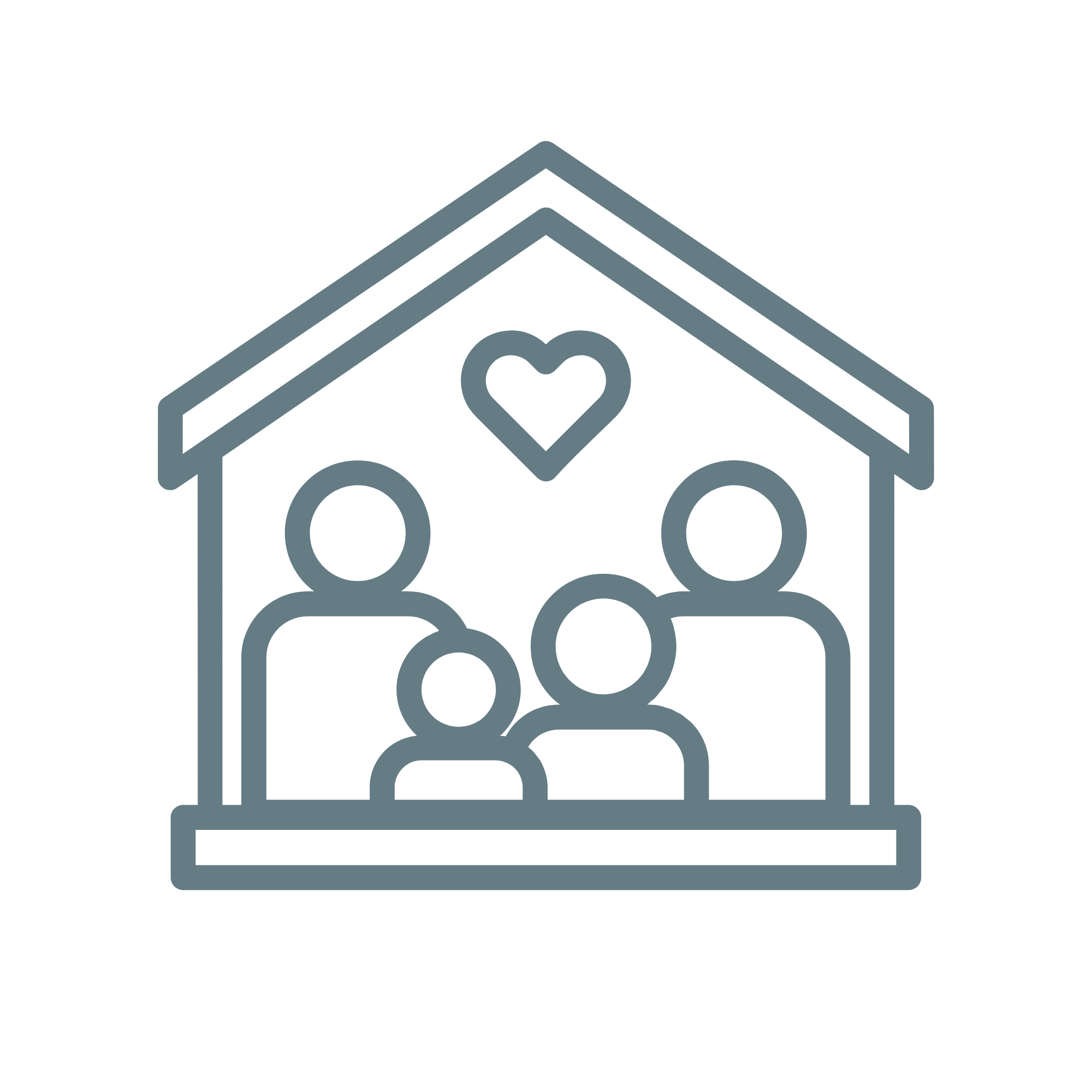 Outline icon of a family inside a house with a heart above them.