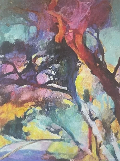 Abstract painting of trees with vibrant, swirling colors including purple, pink, yellow, green, blue, and black.