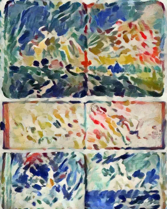 Six abstract landscape inspired by artist sketchbook 2x3 grid with vibrant, blended colours. Artist Nathalie Gensac Dewey