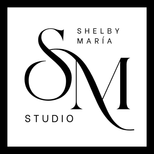 Logo for Shelby Maria Studio with stylized initials S and M in black on a white background.