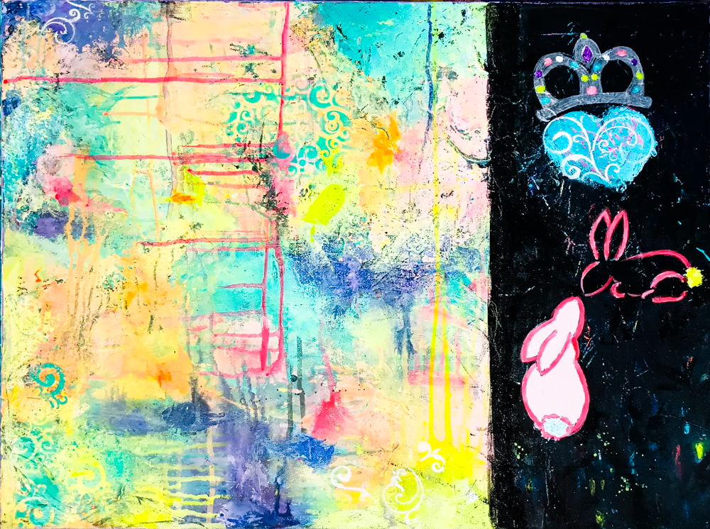 A colorful abstract painting with pastel shades of yellow, pink, blue, and green on the left side, and a black background on the right side featuring chalk-like drawings of a blue heart with a crown and a pink bunny with a yellow pom-pom on its tail.