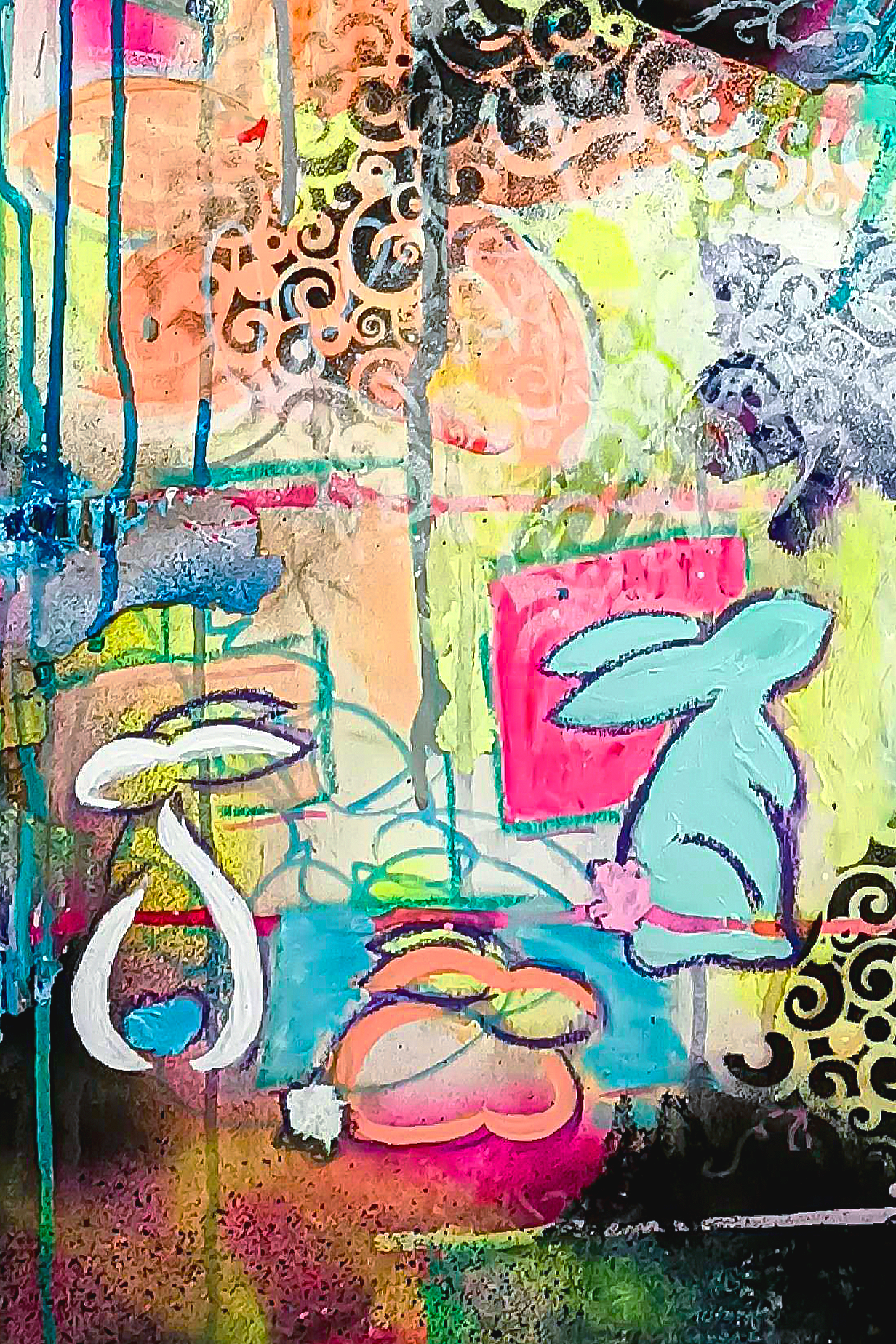 Colorful abstract artwork featuring loose, sketched images of plants, flowers, and animals including a hare and a raccoon, with vibrant neon colors and swirling patterns.