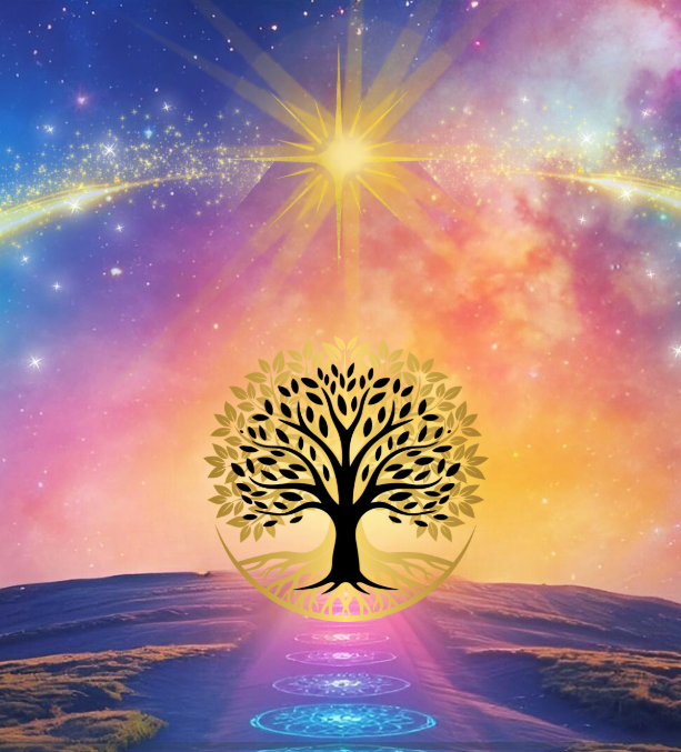 A digital illustration featuring a black silhouette of a tree with many branches and leaves, centered over a colorful landscape with a starry sky, a bright glowing star at the top, and mystical glowing circles leading towards the tree.