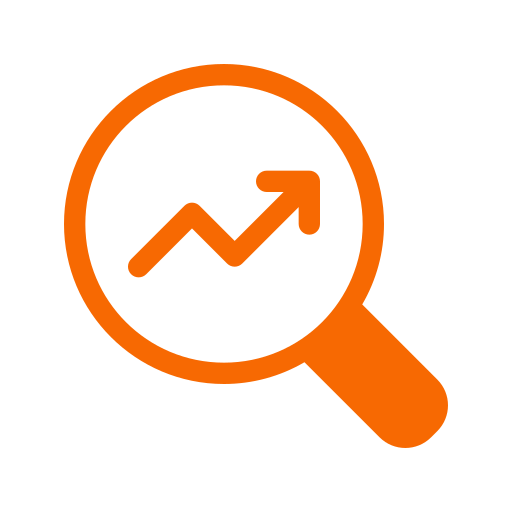 Orange magnifying glass icon with a line graph and upward arrow inside.
