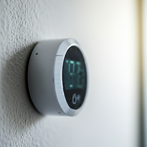 A round digital thermostat mounted on a white wall.