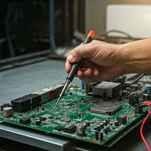A person working on a green circuit board with a screwdriver, in an electronics workshop.
