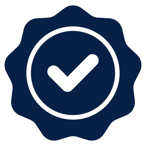 A dark blue badge with a checkmark in the center, symbolizing approval or verification.