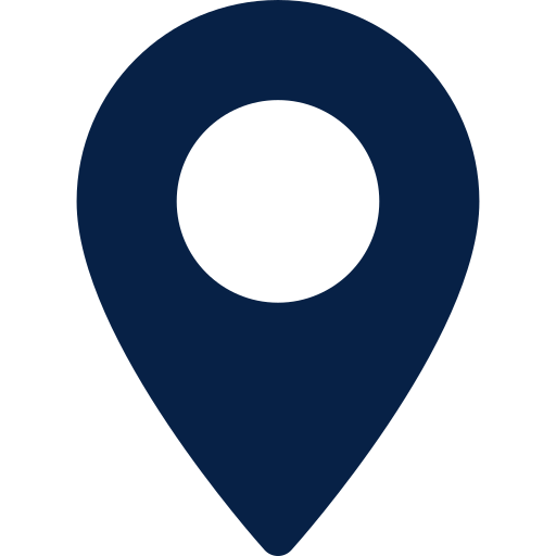 A dark blue map location pin icon on a black background.