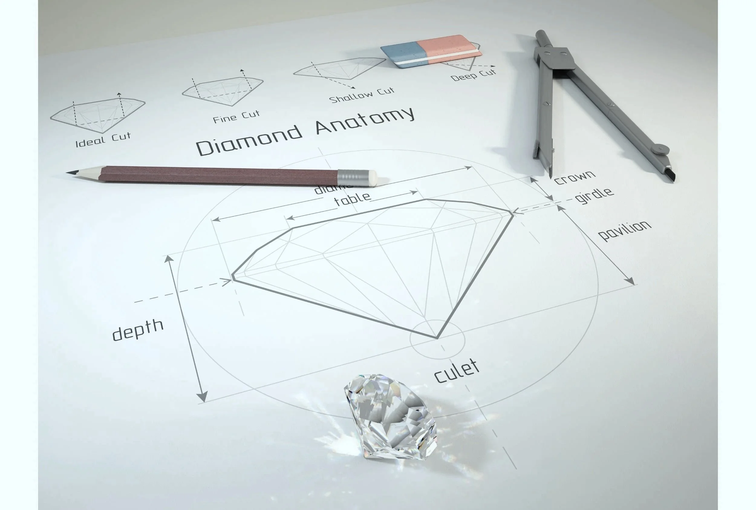ダイヤモンドの解剖図と図面、ルーター、色付きのコースター、宝石の模型。