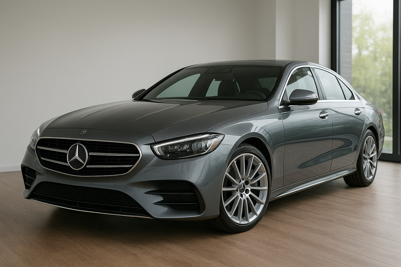 A gray Mercedes-Benz sedan parked indoors near a large window.