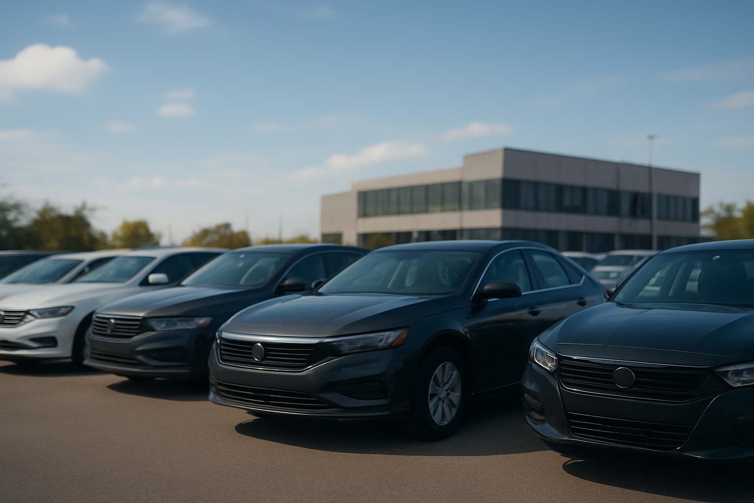 A row of new cars parked outdoors on a sunny day at a dealership, with a modern office building in the background.