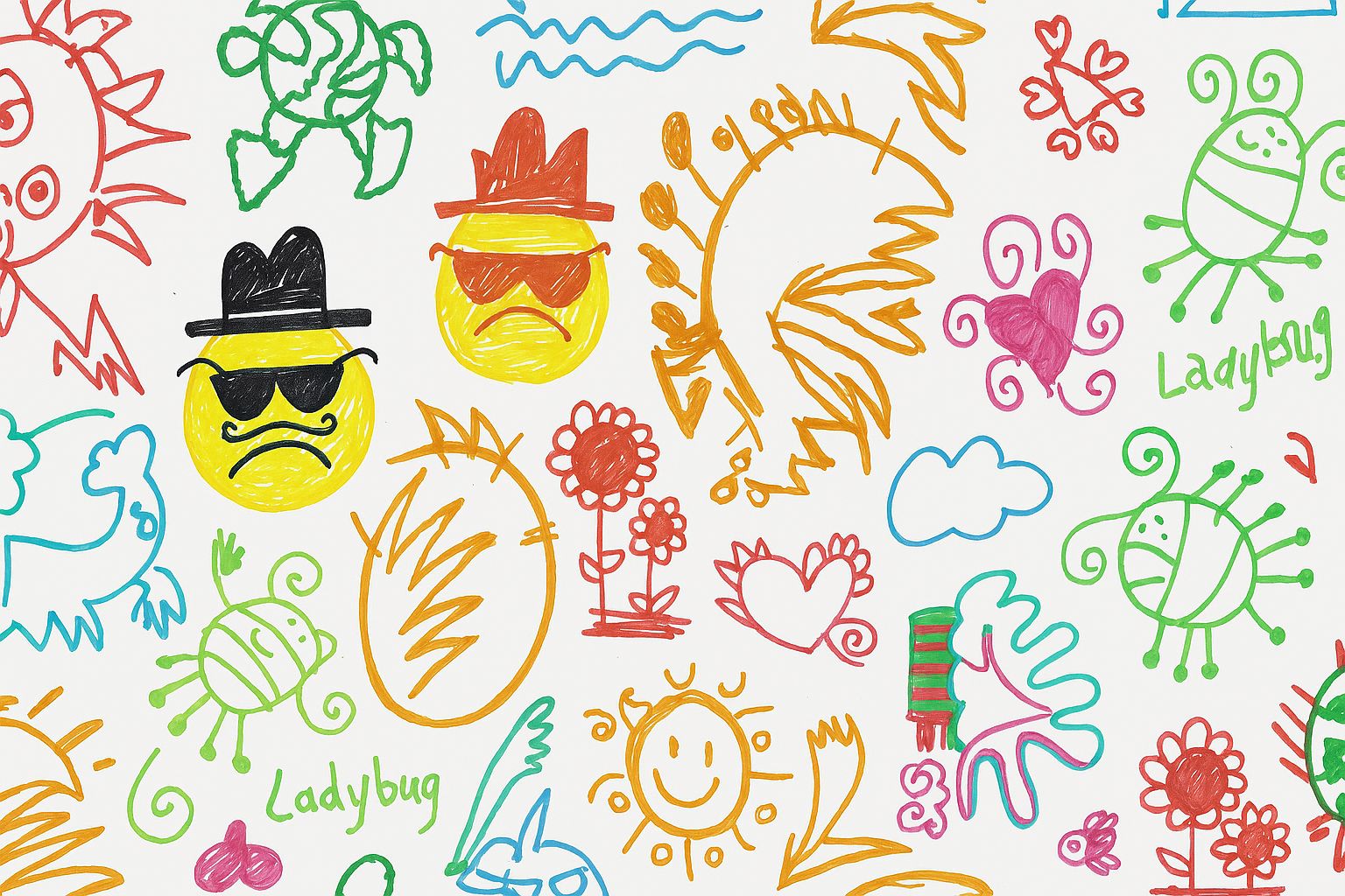 Colorful doodles of suns, ladybugs, hearts, flowers, clouds, and whimsical characters on a white background with the words "Ladybug" written in green.