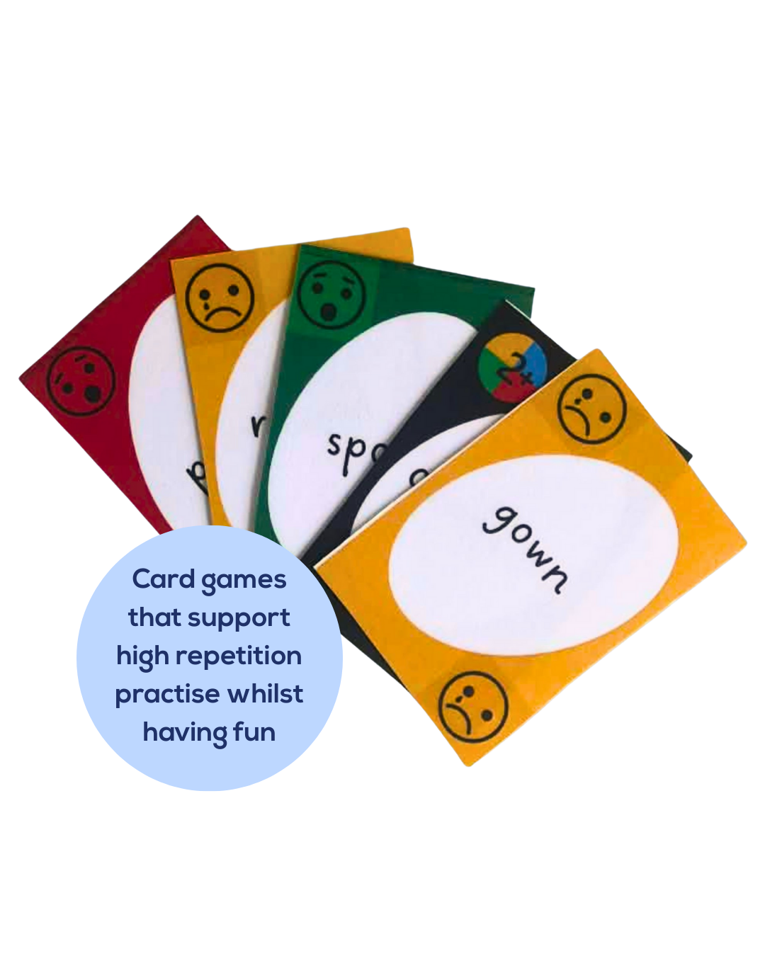 Uno like literacy card game for repeated reading and spelling practise used by Melbourne Based Speech Pathologists in speech therapy and home practise.