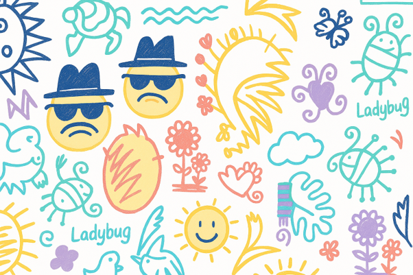 Colorful doodle pattern featuring ladybugs, flowers, clouds, a smiling sun, and cartoon faces with sunglasses and hats, on a white background.