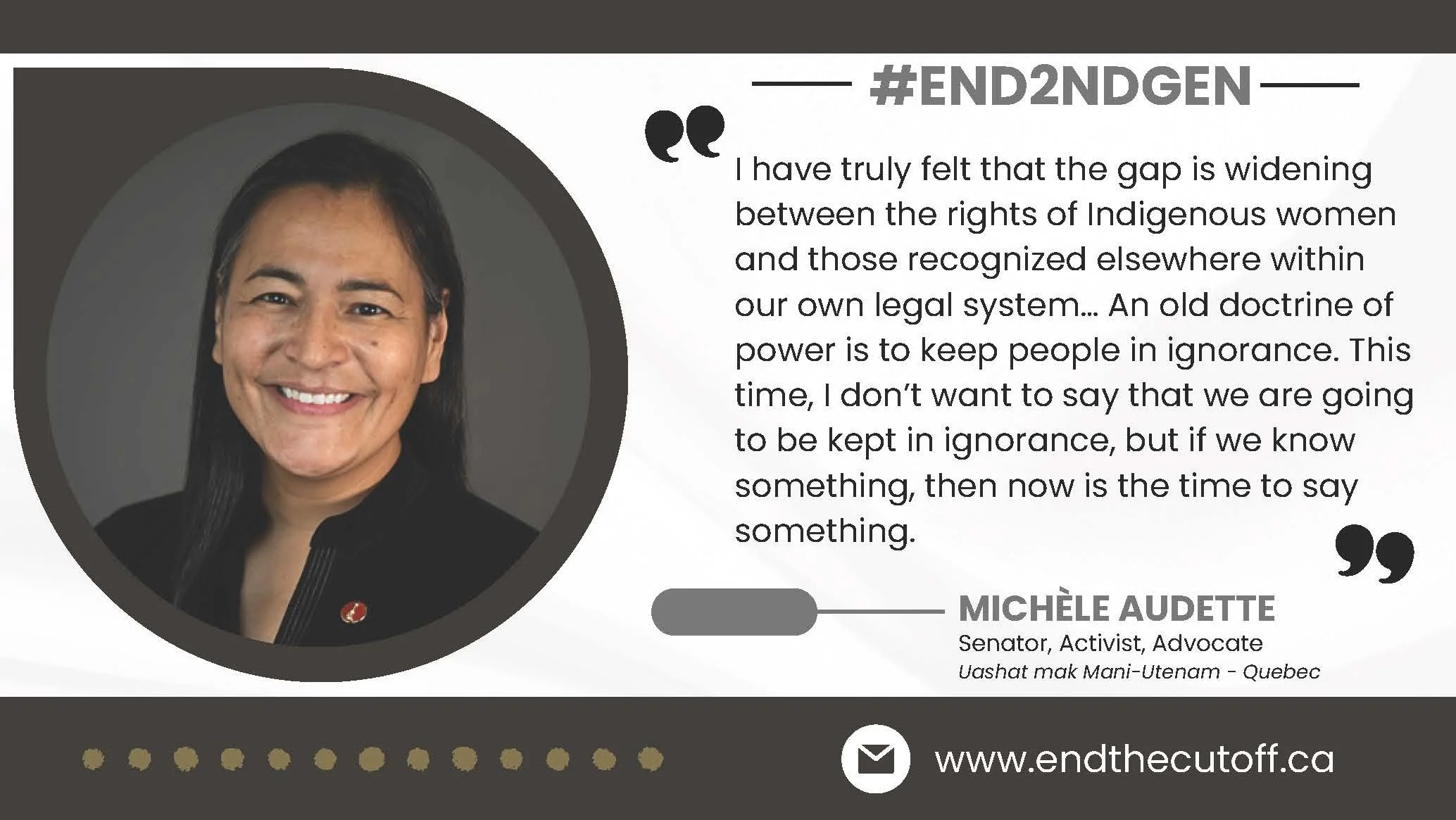 Portrait of Michèle Audette, a senator, activist, and advocate, with a quote about Indigenous women's rights and knowledge.