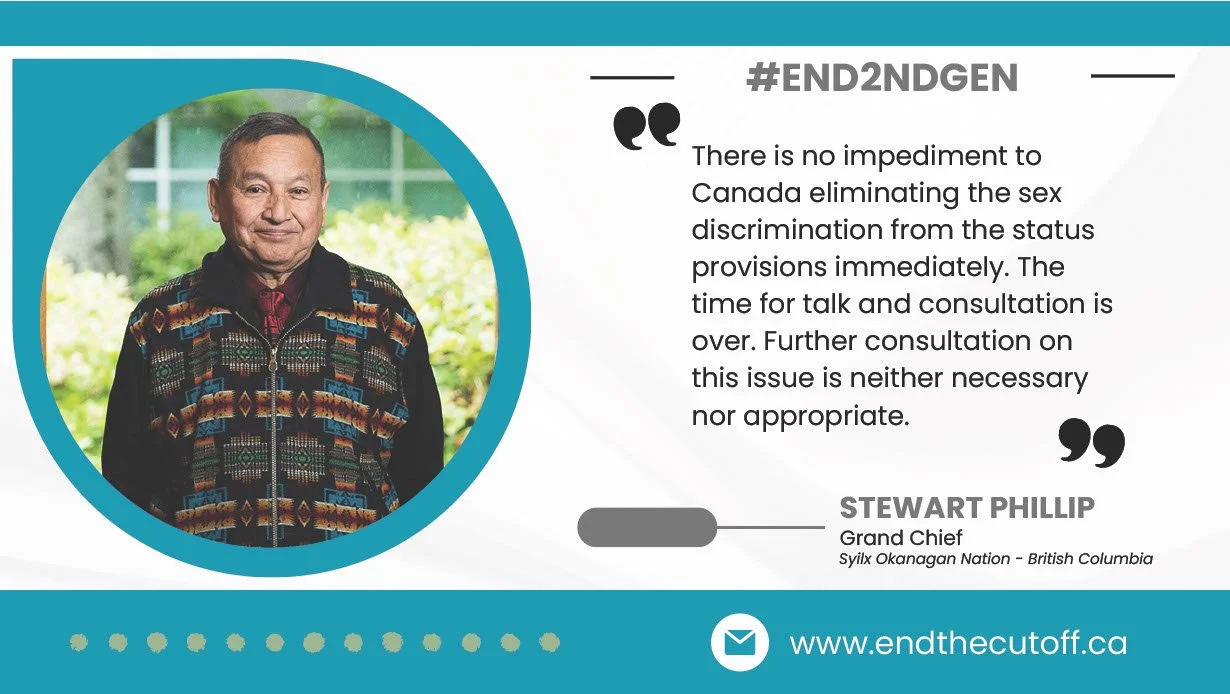 A man dressed in a patterned jacket standing outdoors with greenery in the background, featured on an infographic with a quote about Canada's stance on sex discrimination, attributed to Stewart Phillip, Grand Chief of the Sylix Okanagan Nation in British Columbia, along with the website www.endthecutoff.ca.