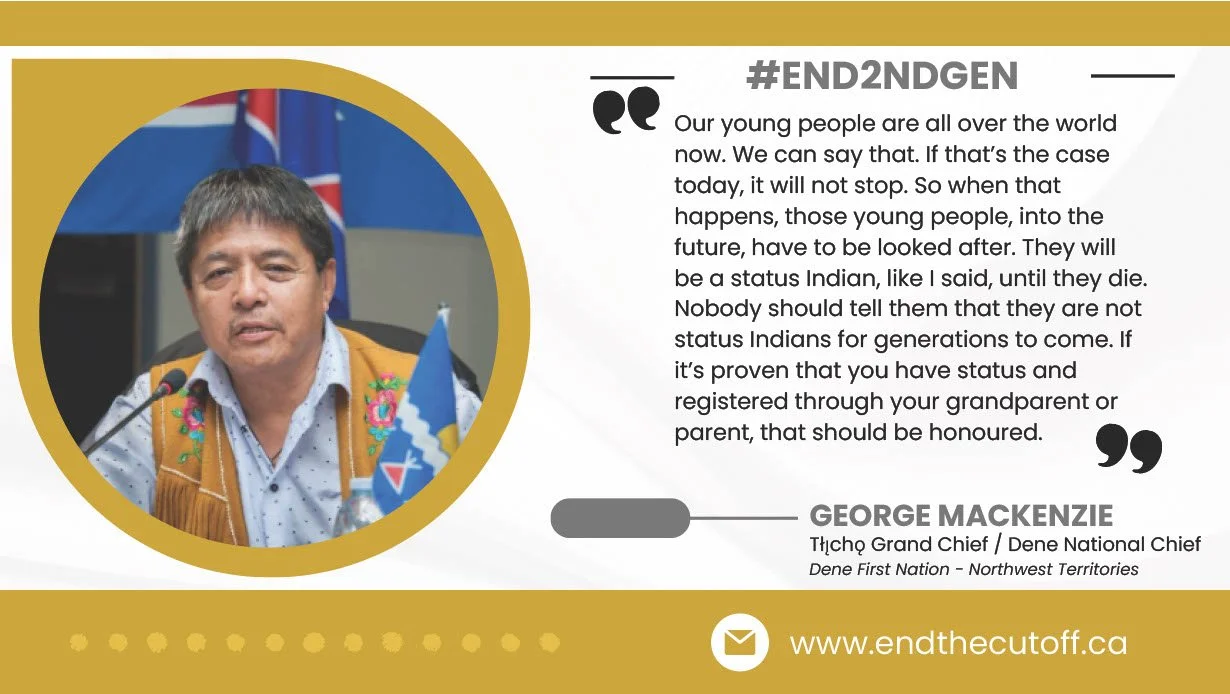 Portrait of George Mackenzie, the Tłı̨chó Grand Chief and Dene National Chief, speaking at a conference, with a Canadian flag and a Dene flag visible in the background.