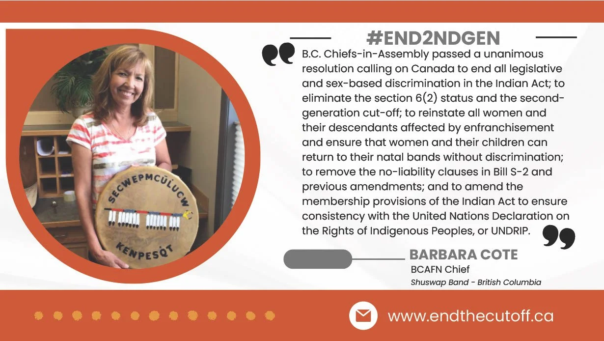 A woman smiling and holding a drum with what appears to be Indigenous symbols and text on it, standing indoors near a wooden shelf with a plant behind her. The image is part of a political or advocacy poster supporting indigenous rights.