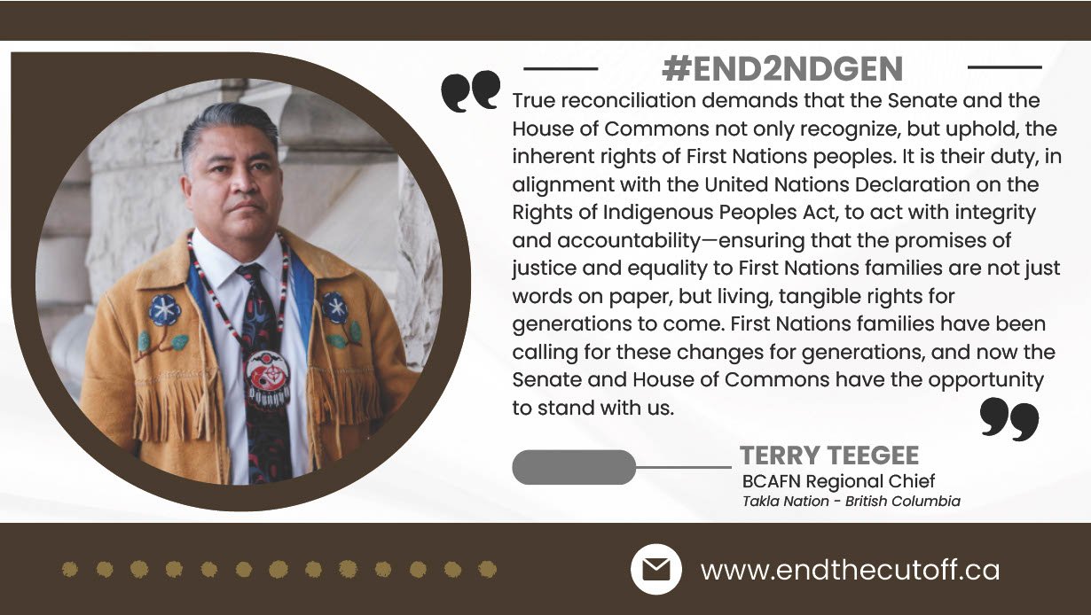 Image of Terry Teegee, BCAN Regional Chief, wearing a traditional Indigenous necklace and beaded accessories, standing in front of a stone building, with a quote about First Nations rights and reconciliation.