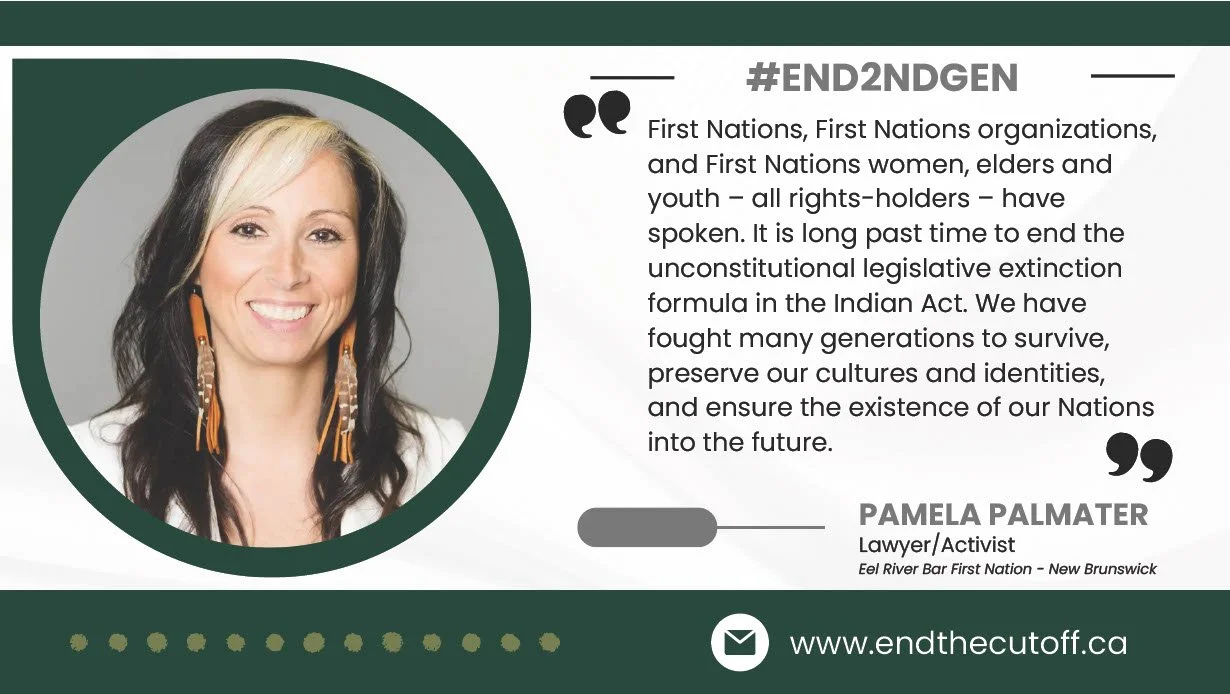 Portrait of Pamela Palmater, First Nations lawyer and activist, with quote about First Nations organizations and elders in a green and white design, website link www.endthecutoff.ca.