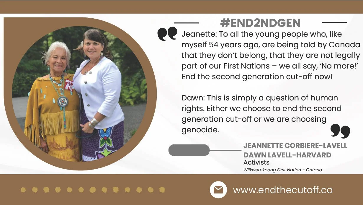 Photograph of two Indigenous women standing outdoors, dressed in traditional clothing, with a green natural background, accompanied by a quote from Jeannette Corbiere-Lavell and Dawn Lavell-Harvard discussing Indigenous rights and sovereignty.