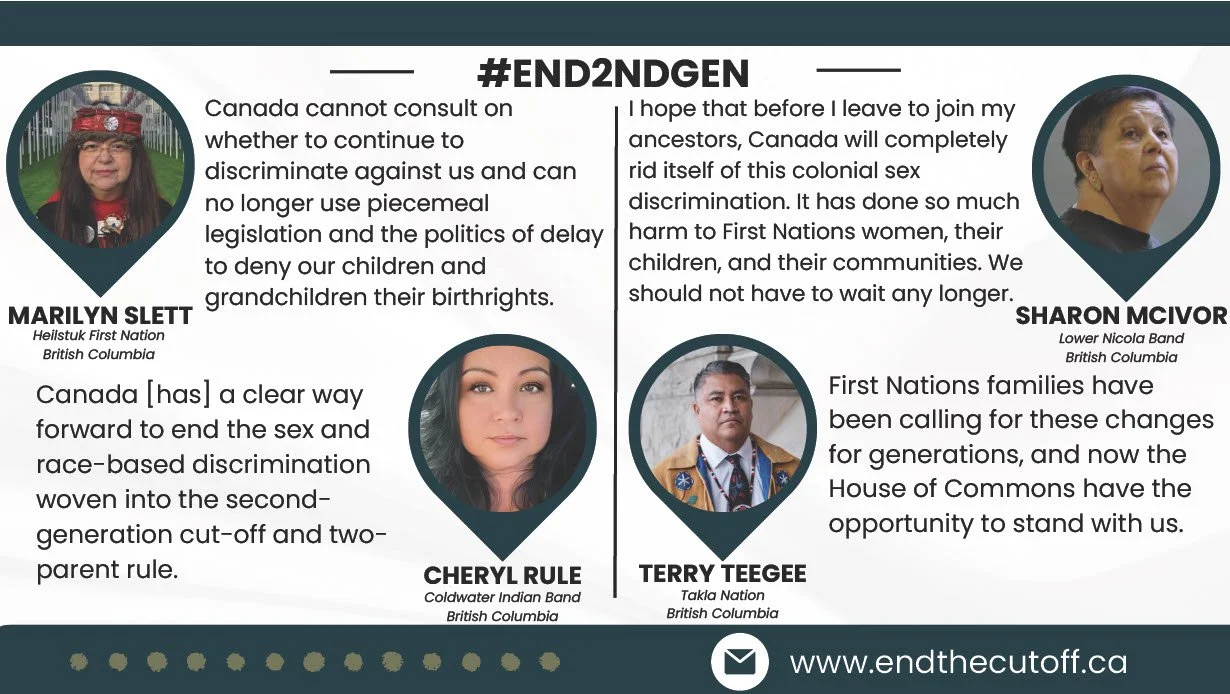 A graphic with four profiles of Indigenous leaders from British Columbia. Their names and affiliations are Cheryl Rule, Terry Tegege, Marilyn Slett, and Sharon McIvor. The graphic discusses issues of Canadian legislation, colonization, and Indigenous rights.